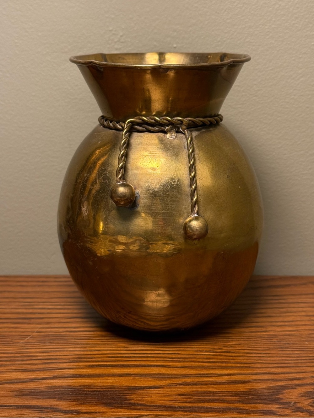 Vintage Hammered Brass Vase Twisted Rope Detail Textured Decorative Urn